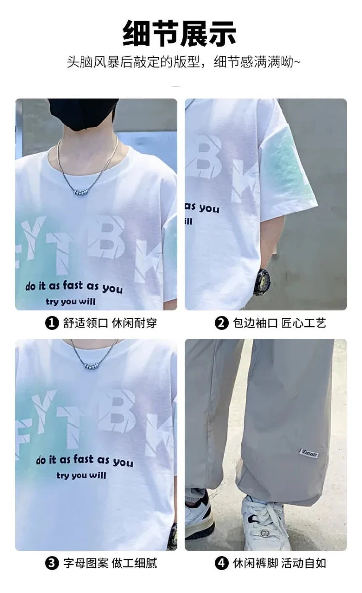 Teenager Boys Clothes Casual Outfit Kids Gradient Tracksuit Child t shirt + ankle tie pant - Mom & Kids