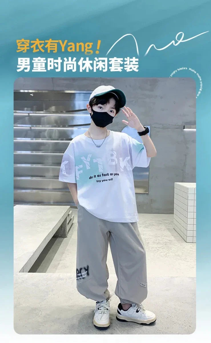 Teenager Boys Clothes Casual Outfit Kids Gradient Tracksuit Child t shirt + ankle tie pant - Mom & Kids