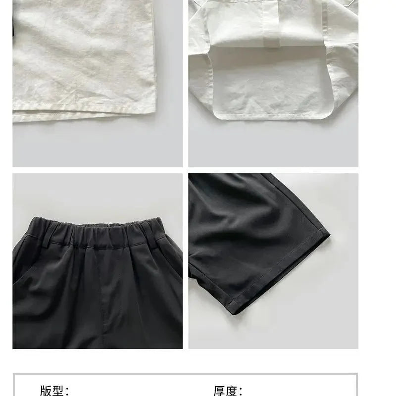 Teens Boys Summer Set Children's Wear Thin 2025 New Handsome British Style Boy White Cotton Short Sleeved Shirt+Black Shorts+Tie - Mom & Kids