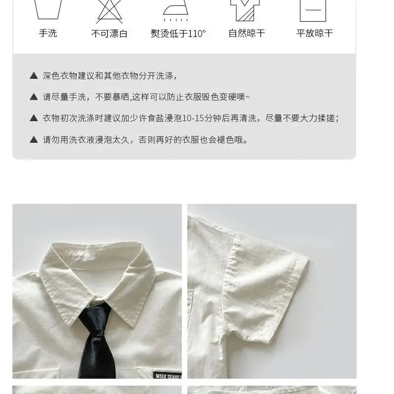 Teens Boys Summer Set Children's Wear Thin 2025 New Handsome British Style Boy White Cotton Short Sleeved Shirt+Black Shorts+Tie - Mom & Kids