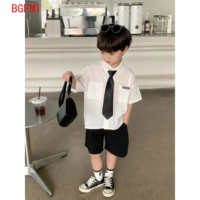Teens Boys Summer Set Children's Wear Thin 2025 New Handsome British Style Boy White Cotton Short Sleeved Shirt+Black Shorts+Tie - Mom & Kids
