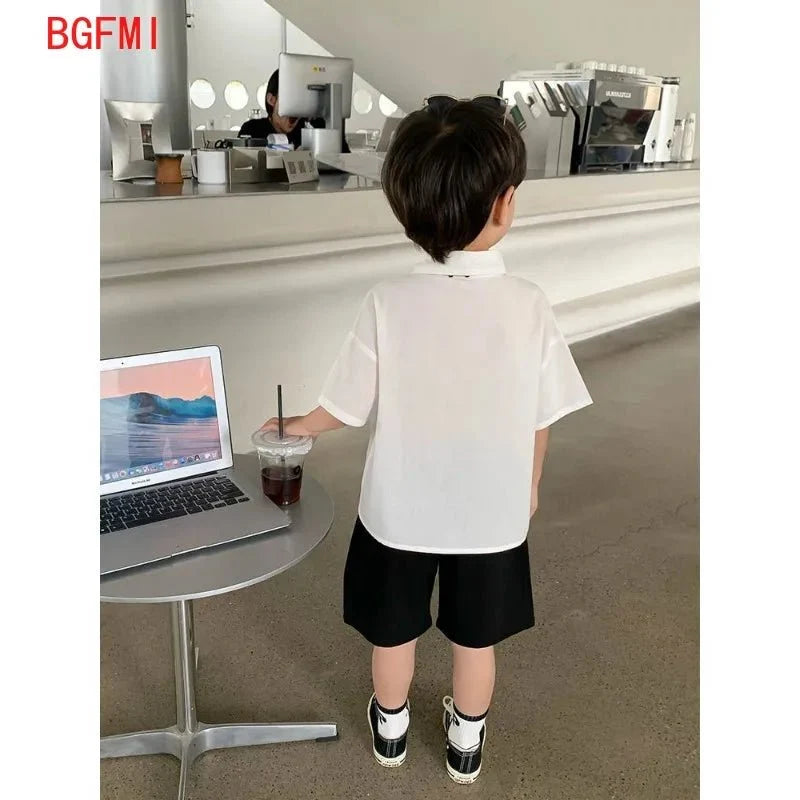 Teens Boys Summer Set Children's Wear Thin 2025 New Handsome British Style Boy White Cotton Short Sleeved Shirt+Black Shorts+Tie - Mom & Kids