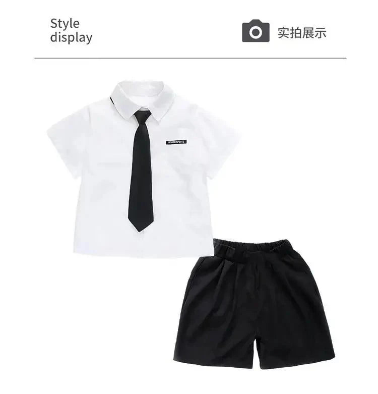 Teens Boys Summer Set Children's Wear Thin 2025 New Handsome British Style Boy White Cotton Short Sleeved Shirt+Black Shorts+Tie - Mom & Kids
