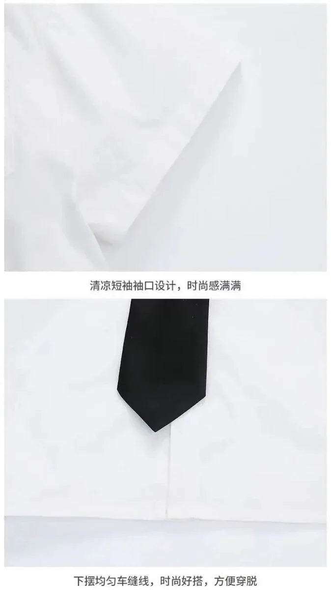 Teens Boys Summer Set Children's Wear Thin 2025 New Handsome British Style Boy White Cotton Short Sleeved Shirt+Black Shorts+Tie - Mom & Kids