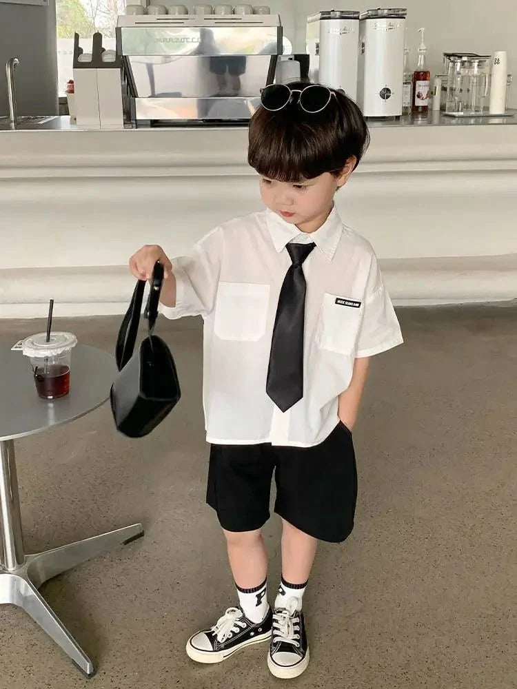 Teens Boys Summer Set Children's Wear Thin 2025 New Handsome British Style Boy White Cotton Short Sleeved Shirt+Black Shorts+Tie - Mom & Kids