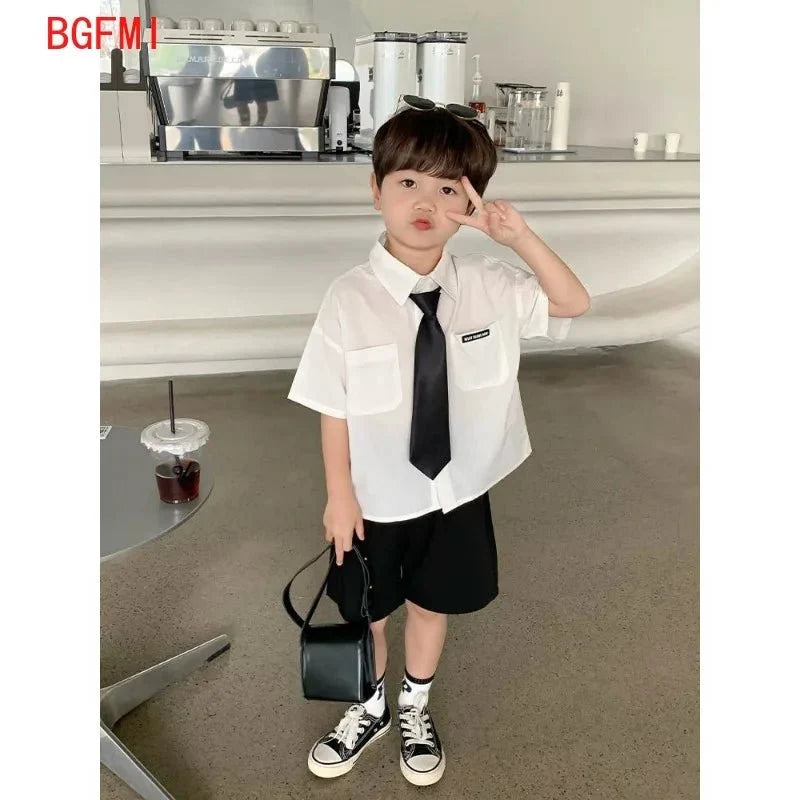 Teens Boys Summer Set Children's Wear Thin 2025 New Handsome British Style Boy White Cotton Short Sleeved Shirt+Black Shorts+Tie - Mom & Kids