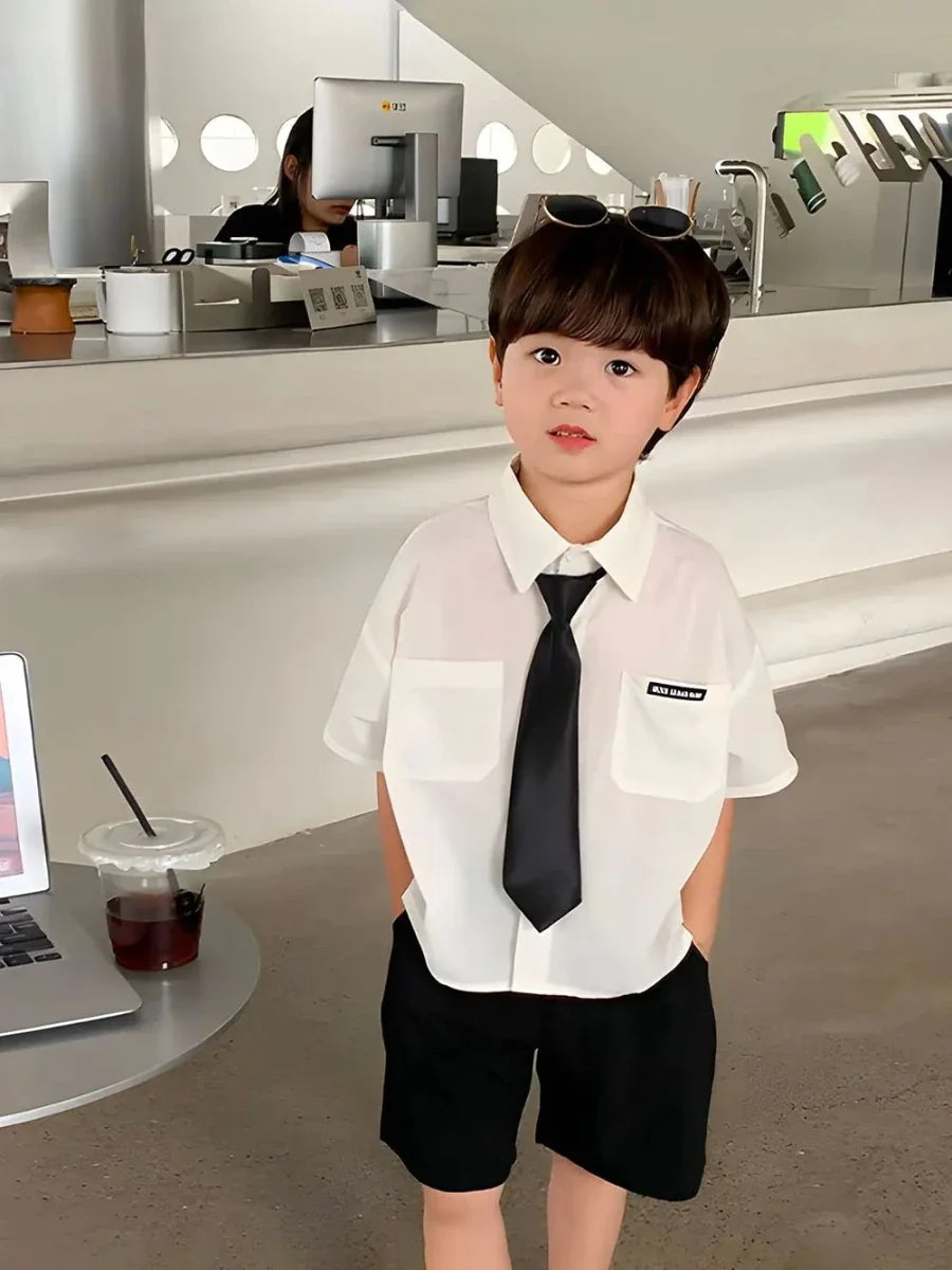 Teens Boys Summer Set Children's Wear Thin 2025 New Handsome British Style Boy White Cotton Short Sleeved Shirt+Black Shorts+Tie - Mom & Kids