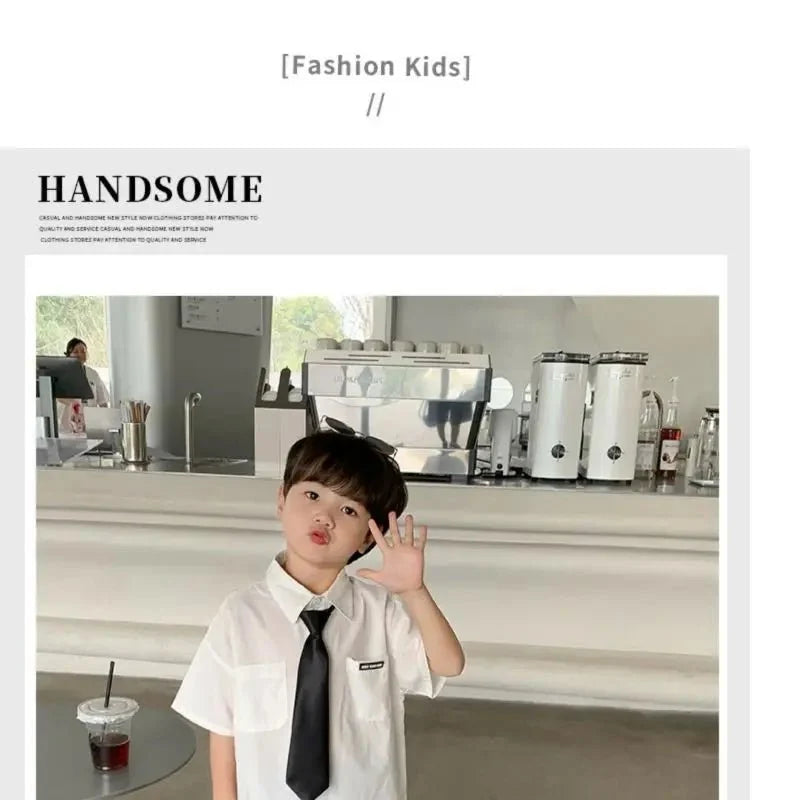 Teens Boys Summer Set Children's Wear Thin 2025 New Handsome British Style Boy White Cotton Short Sleeved Shirt+Black Shorts+Tie - Mom & Kids