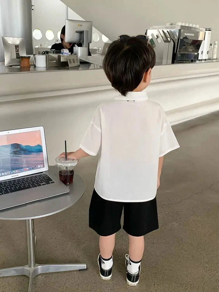 Teens Boys Summer Set Children's Wear Thin 2025 New Handsome British Style Boy White Cotton Short Sleeved Shirt+Black Shorts+Tie - Mom & Kids
