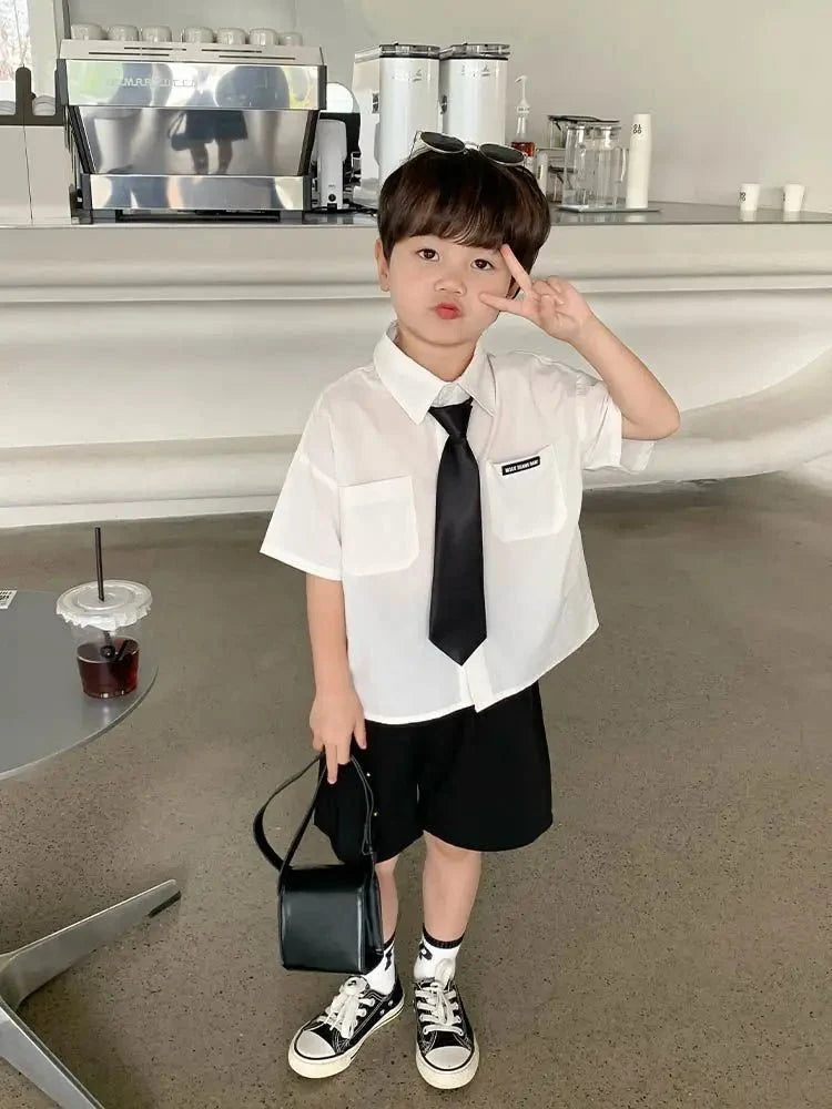 Teens Boys Summer Set Children's Wear Thin 2025 New Handsome British Style Boy White Cotton Short Sleeved Shirt+Black Shorts+Tie - Mom & Kids
