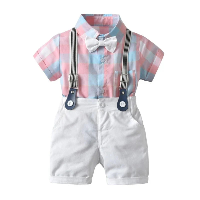 Toddler Boys Clothing Set Newborn Gentleman Suit Kids Short Sleeve Bow Tie Shirt+Suspender Shorts Casual Summer Baby Boy Clothes - Mom & Kids