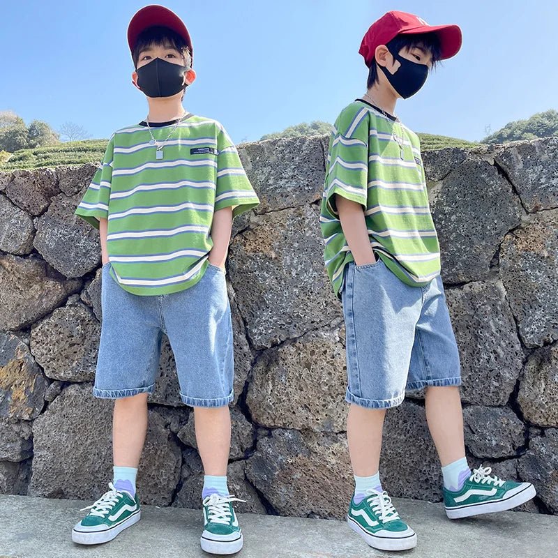 Tween Boy Summer Clothing Set Child Casual Cotton Stripe T-shirt & Denim Shorts 2 Piece Suit Teenage Kids Luxury Clothes Costume - Mom & Kids