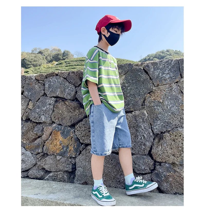 Tween Boy Summer Clothing Set Child Casual Cotton Stripe T-shirt & Denim Shorts 2 Piece Suit Teenage Kids Luxury Clothes Costume - Mom & Kids