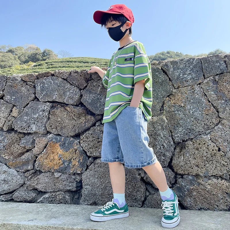 Tween Boy Summer Clothing Set Child Casual Cotton Stripe T-shirt & Denim Shorts 2 Piece Suit Teenage Kids Luxury Clothes Costume - Mom & Kids