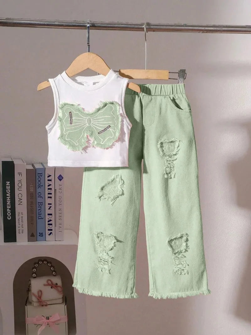 Unique Kid Set Summer Girl Sleeveless Applique Bow Camisole Top Ripped Denim Pants Two-Piece Children Suit Casual Comfortable
