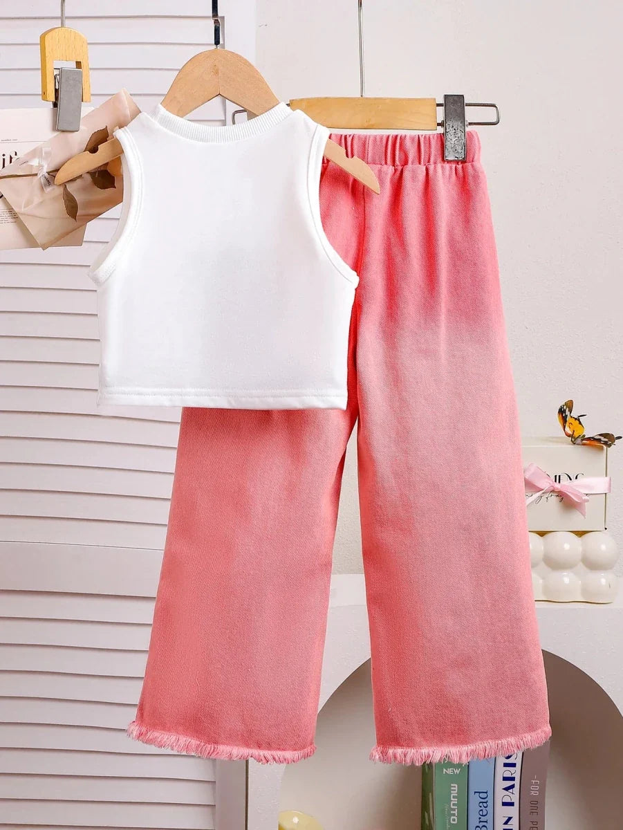 Unique Kid Set Summer Girl Sleeveless Applique Bow Camisole Top Ripped Denim Pants Two-Piece Children Suit Casual Comfortable - Mom & Kids